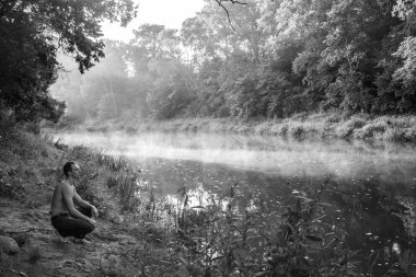 adam, çıplak gövde, nehir, şafak, vücut, kas, erkekçe, su, ağaçlar, doğa