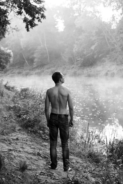 adam, çıplak gövde, nehir, şafak, vücut, kas, erkekçe, su, ağaçlar, doğa