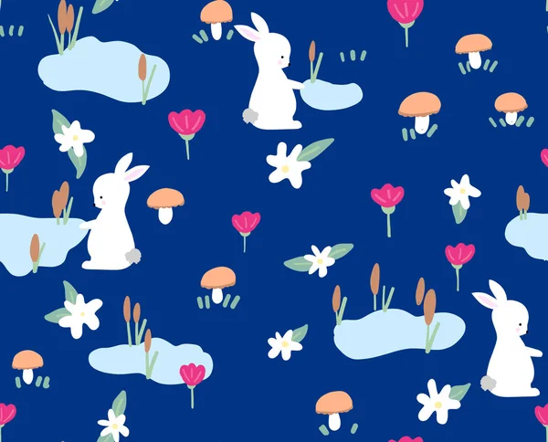 Conejito con flores de primavera patrón sin costuras sobre fondo azul. Lindo estilo infantil fondo de vacaciones. Diseño para textil, tela, decoración . — Vector de stock