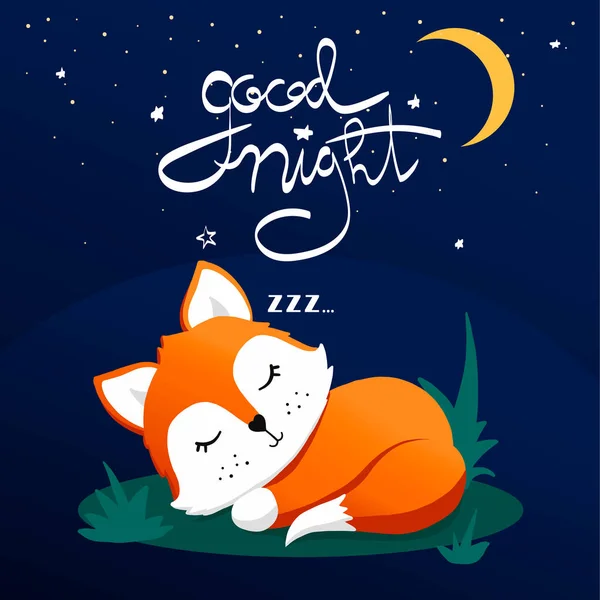 Alıntı yazı iyi geceler şirin komik uyku tilki, çizilmiş vektör çizim ver. İzole nesneleri. Kavram çocuk yazdırma.