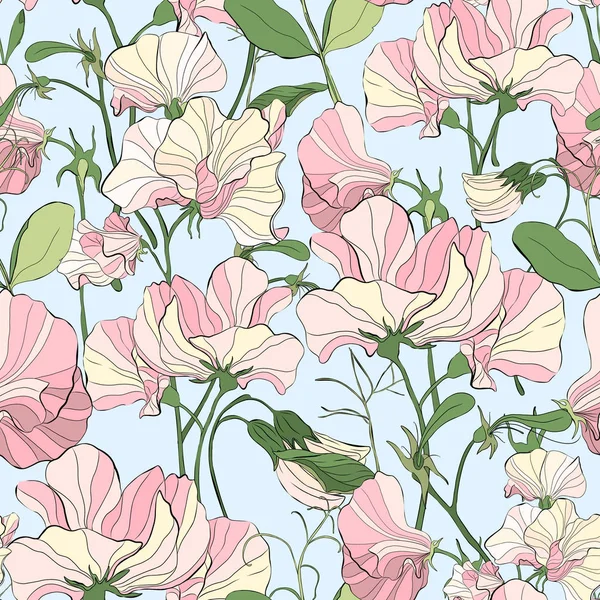 달콤한 완두콩 꽃과 예쁜 꽃 패턴. — 스톡 벡터