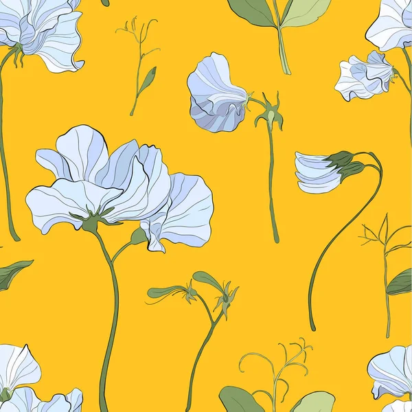 Güzel Çiçek Desenli Çiçekli Tatlı Bezelye Sarı Arka Plan Çiçekler — Stok Vektör