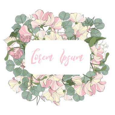 Vektör çiçek tasarım kartı davetiye: çiçek Bahçe pembe tatlı bezelyem çiçek ve yeşil okaliptüs doları yaprak. Bohem çerçeve davet