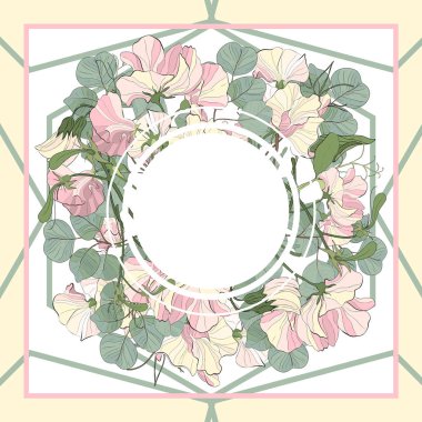 Çiçek açan tatlı bezelye ve yeşil okaliptüs doları lea. soyut sorunsuz vektör desen elle çizilmiş çiçek elemanları ile ipek eşarp.