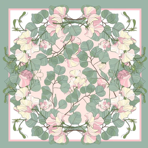 Foulard Soie Avec Pois Doux Fleuris Eucalyptus Vert Dollar Lea — Image vectorielle