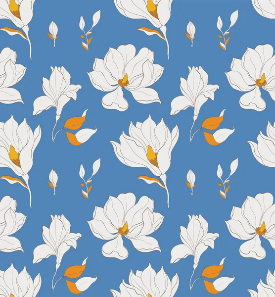 Sömlöst mönster, handritad vit magnolia blomma. — Stock vektor