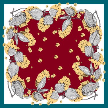 Delicate colors of silk scarf with flowering asclepias syriaca . Red, yellow and white. clipart