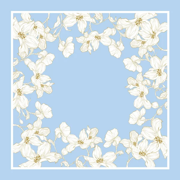 Trend farbenfroher Seidentuch mit Blumen. gold, blau und weiß. — Stockvektor