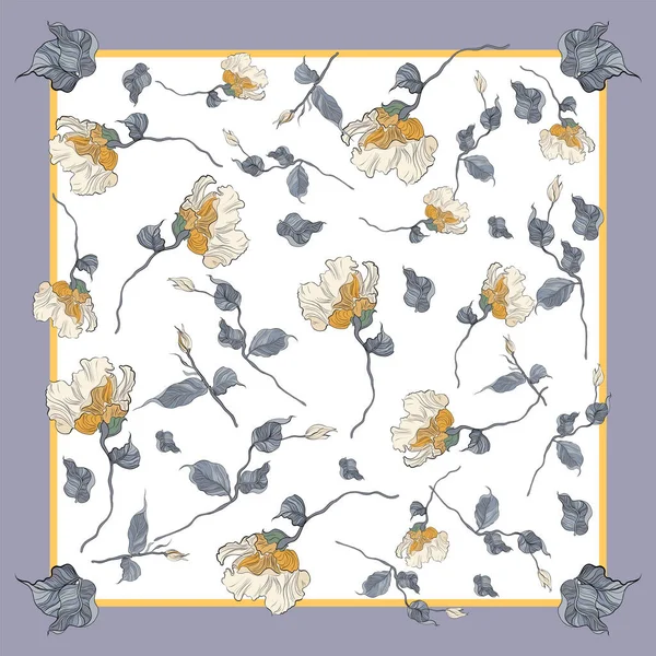 Çiçek açan östonmalı ipek eşarp. El çizimi çiçek elementleri ile soyut, pürüzsüz vektör deseni.