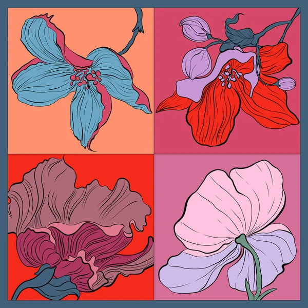 Bunter Seidenschal mit Blumen. rosa, blau, violett auf rot. — Stockvektor