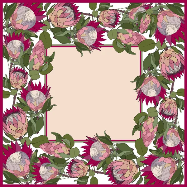 Bufanda de seda colorida con proteas florecientes . — Vector de stock