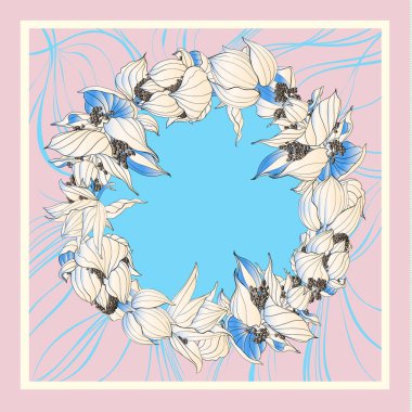 Çiçekli bir medinilla çelengi olan bir eşarbın sonbahar renkleri. Pastel renkler. Batik tekniği.