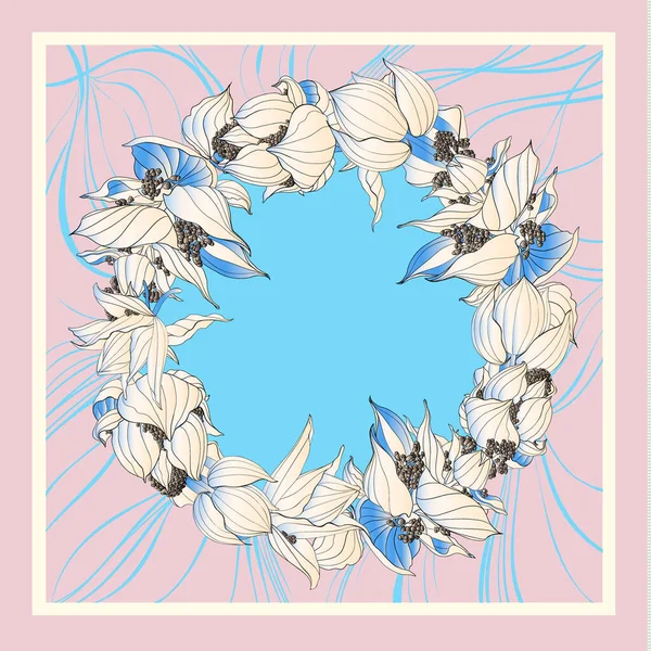 Çiçekli bir medinilla çelengi olan bir eşarbın sonbahar renkleri. Pastel renkler. Batik tekniği.