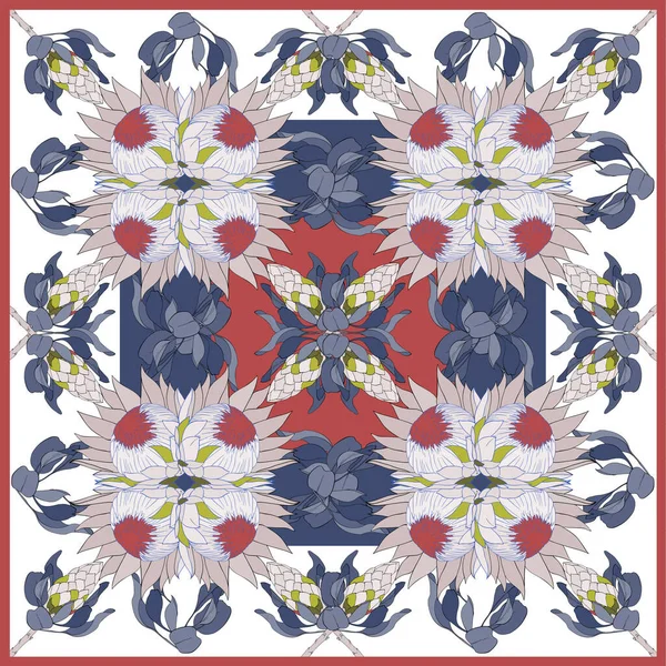 Foulard en soie coloré avec protéas fleuris . — Image vectorielle