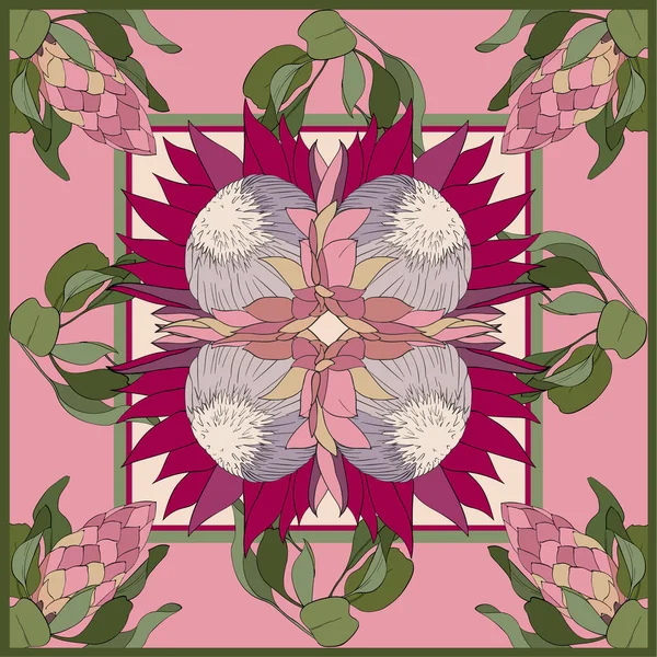 Lenço de seda colorido com proteas floridas. Estilo vintage. Ornamento floral . — Vetor de Stock