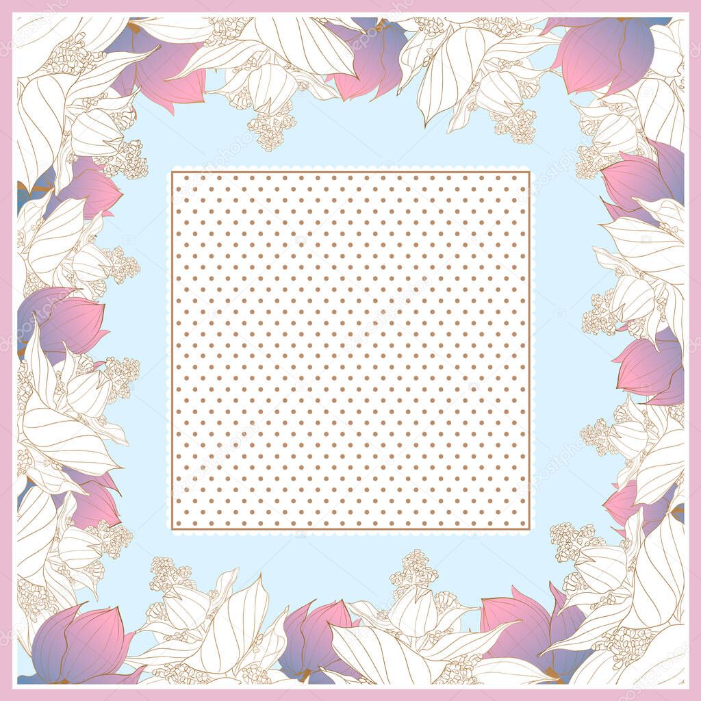 Colorful silk scarf with flowering medinilla and dots background.