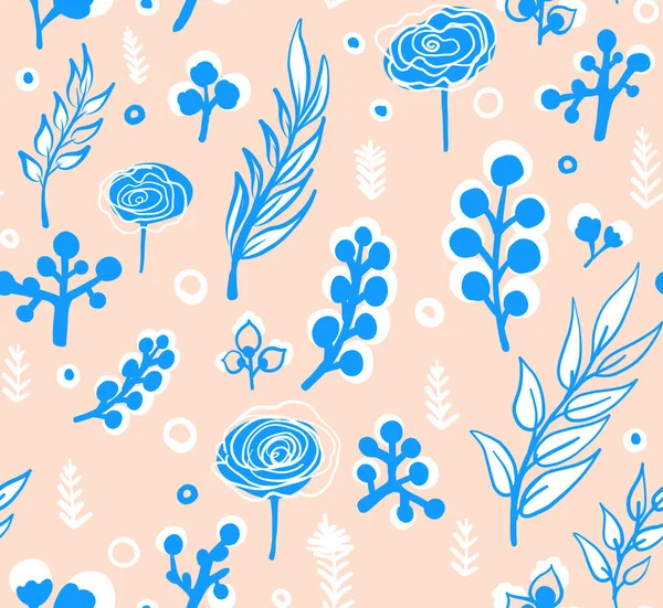 Patrón floral vectorial en estilo garabato con flores y hojas. Fondo floral suave y de primavera. — Vector de stock