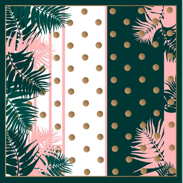 Noktalar ve çizgili arka planda palmiye yaprakları olan ipek eşarp. Tropik illüstrasyon. Orman yaprakları.