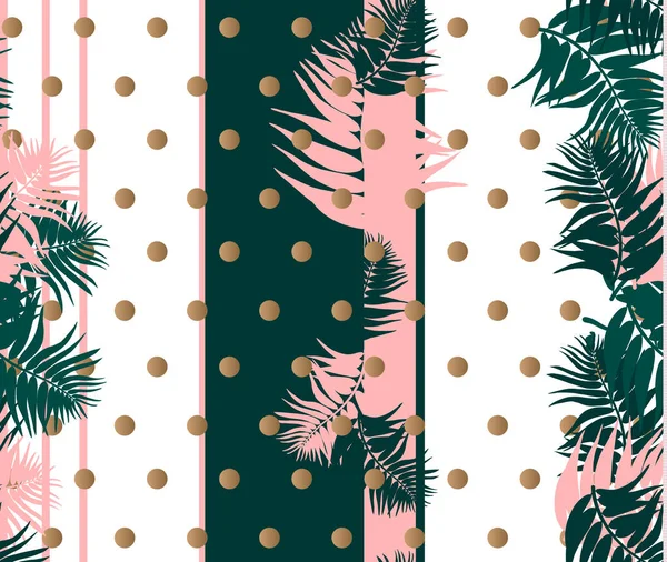Векторный бесшовный рисунок с пальмовыми листьями на фоне точек и полос. Тропическая иллюстрация. Леса джунглей . — стоковый вектор