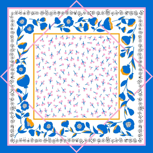 Красивый цветочный векторный орнамент. Карточка, бандана, дизайн платка, салфетка. Синий, оранжевый, розовый узор на белом фоне. Готов к печати . — стоковый вектор