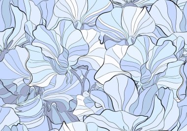 Tatlı bir bezelye çiçeğinin pürüzsüz deseninin narin renkleri. Mavi, mor ve siyah. Kumaş, kartpostal, baskı, arkaplan, masaüstü için kullanılabilir.