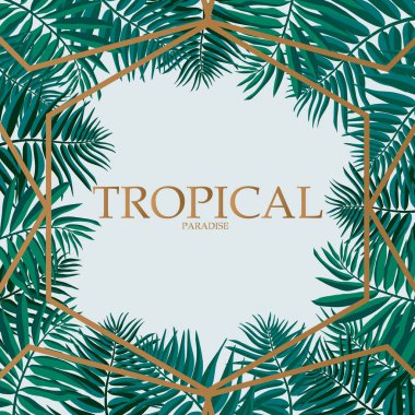 Moda Tropikal Yaprak Vektör Tasarımı. Altın soyut arka plana sahip palmiye yaprakları.