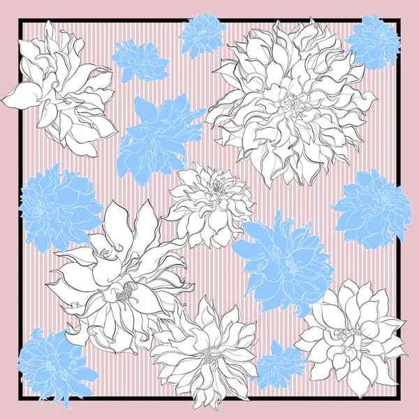 Шелковый шарф с цветами георгины. Цветущие белые и синие цветы на розовом фоне с черными полосами. Открытки, бандана, дизайн шарфа, салфетка, свадебное приглашение, день рождения, ткань — стоковый вектор