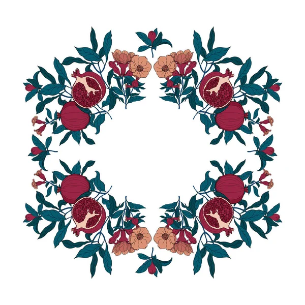 Διάνυσμα Στρογγυλό Πλαίσιο Από Φύλλα Ροδιού Σπόρους Και Λουλούδια Εικονογράφηση — Διανυσματικό Αρχείο