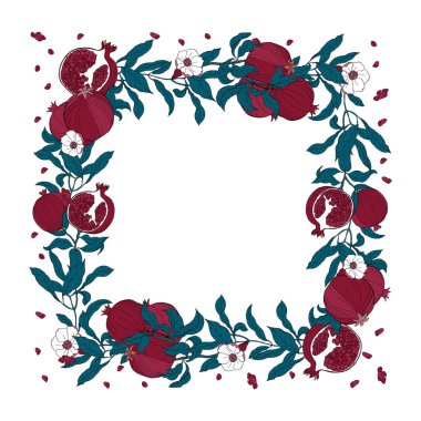 Nar yaprakları, tohumlar ve çiçeklerden oluşan vektör kare çerçeve. Nar ve yapraklardan oluşan vektör çizim çelengi. Geçmiş, doğum günü, anneler günü vesaire için tebrik kartı olarak kullanılabilir..