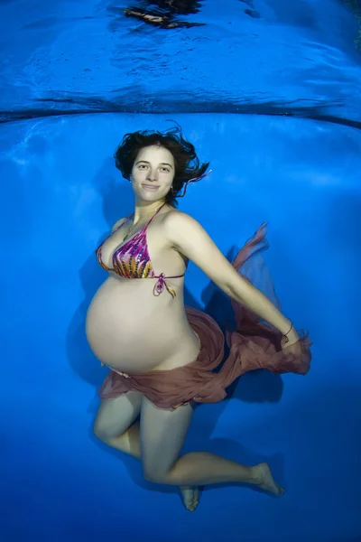 Pregnant woman in a bikini under water in the pool