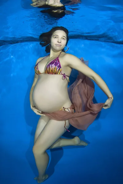 Pregnant woman in a bikini under water in the pool