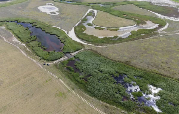 Aerial view on Kagach River river freed from the dams. Ukraine