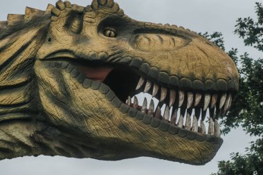 Keskin dişleri ve desenli derisi olan çok detaylı bir T-rex modeli bulutlu bir gökyüzü ve ağaç zeminine karşı gösterilir.. 