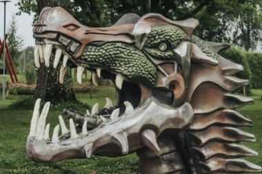 Keskin dişleri ve pullu detayları olan dramatik bir ejderha kafası heykeli çimenli bir parktaki çakıl tabanında sergileniyor.. 