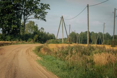 Kırsal bir toprak yol tarlaları ve uzun otları geçer ve tahta elektrik direkleri açık bir gökyüzünün altındaki mesafeye kadar uzanır..