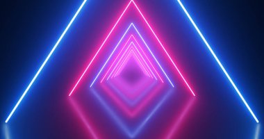 Soyut geometrik tasarım pembe ve mavi neon üçgen bir tünel ve parlayan ışık çizgileri içeriyor. Teknolojiden ilham alan temalar için modern, fütüristik estetik.