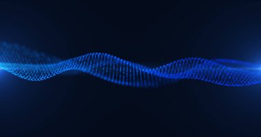 Karanlık bir arkaplana karşı dizilmiş sayısız noktadan oluşan parlak mavi dalgalı bir çizgi dinamik ve geleceksel bir görsel etki yaratıyor. Teknoloji, yenilik ve dijital tasarım temaları için mükemmel.
