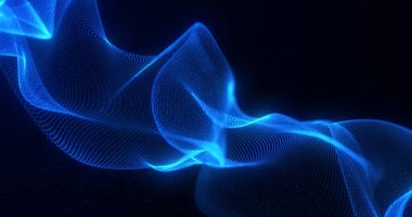 Karanlık bir zemin üzerinde akış çizgileri ve ışık parçacıkları olan soyut mavi dalga formu, dijital bir manzarada hareket ve enerji hissi yaratıyor..