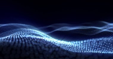 Karanlık bir zemin üzerinde dinamik bir şekilde akan parlayan mavi parçacıklardan oluşan büyüleyici soyut bir dijital dalga gelecekteki ve yüksek teknolojili görsel efekt yaratıyor..