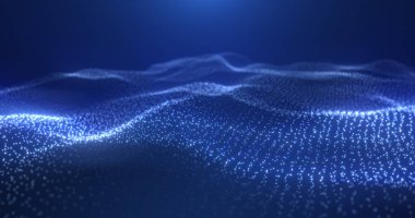 Sayısız parlayan noktadan oluşan dalgalanan mavi dalgaları gösteren sakin bir dijital manzara. Yumuşak hatlar ve canlı renkler fütüristik ve sakinleştirici bir atmosferi çağrıştırıyor..