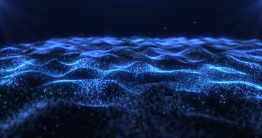 Mavi ışıkta parlayan dijital dalgaların büyüleyici bir görüntüsü, ruhani ve geleceksel bir atmosfer yaratıyor. Teknoloji veya yenilik temaları için ideal.