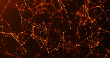 Birbirine bağlı turuncu çizgilerden oluşan dinamik bir ağ, karanlık bir zemine karşı canlı bir ağ deseni oluşturuyor. Bu soyut tasarım bağlantı ve teknoloji temalarını vurgular.