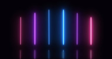 Pembe ve mavi renkli neon parlak dikey çizgilerin parlak bir görüntüsü, koyu bir ortam arka planına karşı, fütüristik ve dinamik bir görsel etki yaratır..
