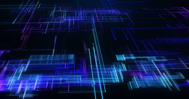 Karanlık bir zemin üzerinde elektrik mavi ve mor çizgileri olan dinamik ve karmaşık bir gelecek neon ızgarası teknoloji ve gelişmiş dijital ağlar yaratıyor..