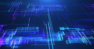 Gelişmiş teknoloji ve yeniliği temsil eden, koyu bir arka planda mavi ve mor renkli parlayan çizgilerle dinamik bir dijital arayüz.