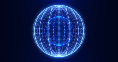 Koyu bir arkaplan üzerine kurulmuş parlak mavi renkli, ışıldayan bir tel küre. Çizgilerin ve düğümlerin karmaşık ağı gelecekten ve teknolojiden esinlenilmiş bir görünüm yaratır..