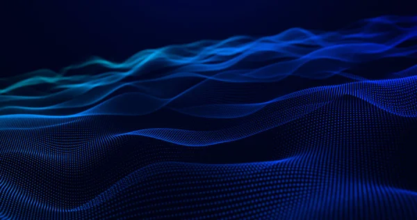 Bu resim, koyu arkaplan üzerinde parlayan noktalar olan soyut bir mavi dalga deseni gösteriyor. Akışkanlık ve modern dijital estetik duygusu taşır..