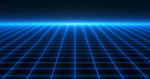 Ufka doğru uzanan parlayan neon bir ızgaranın yer aldığı çarpıcı bir fütüristik sahne. Mavi şebeke çizgileri karanlık bir arkaplan karşısında dijital bir manzara yaratır..