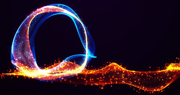 Soyut mavi ve turuncu ışık yolları karanlık bir arkaplan karşısında dinamik ve canlı bir desen yaratarak büyüleyici bir ekran içinde hareket ve enerji iletir..