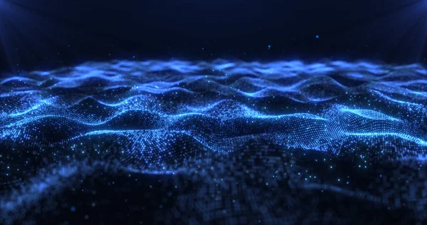 Mavi ışıkta parlayan dijital dalgaların büyüleyici bir görüntüsü, ruhani ve geleceksel bir atmosfer yaratıyor. Teknoloji veya yenilik temaları için ideal.